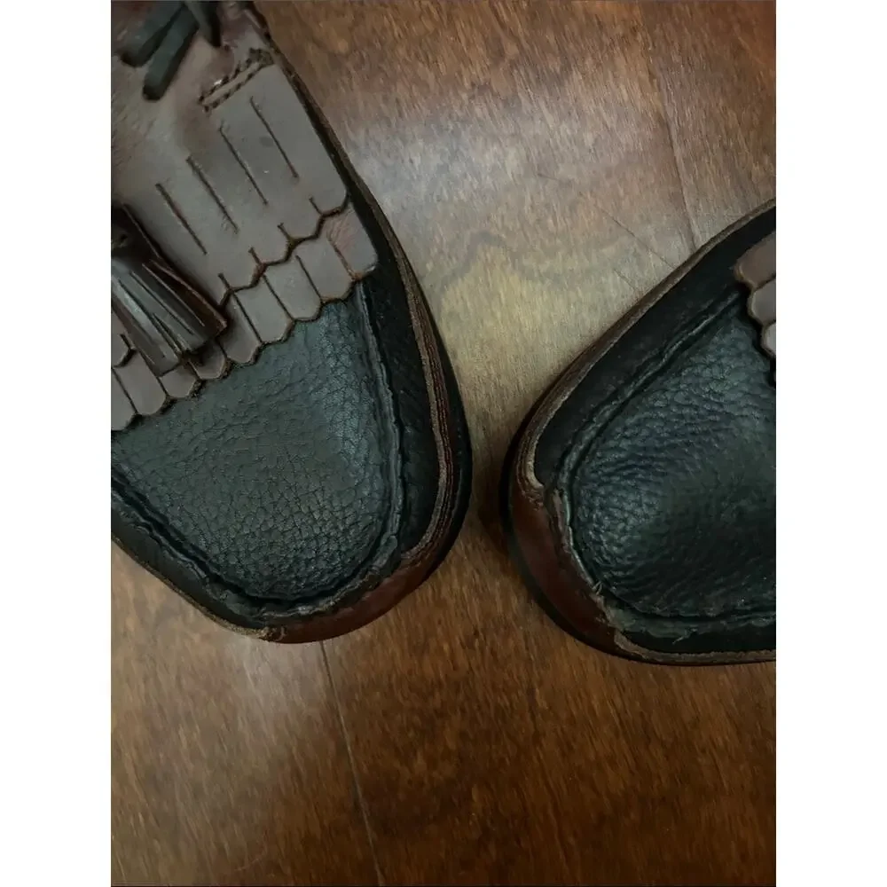 Sperry Top Sider Two-Tone Black and Brown Leather Tassel Loafers, Size 10.5